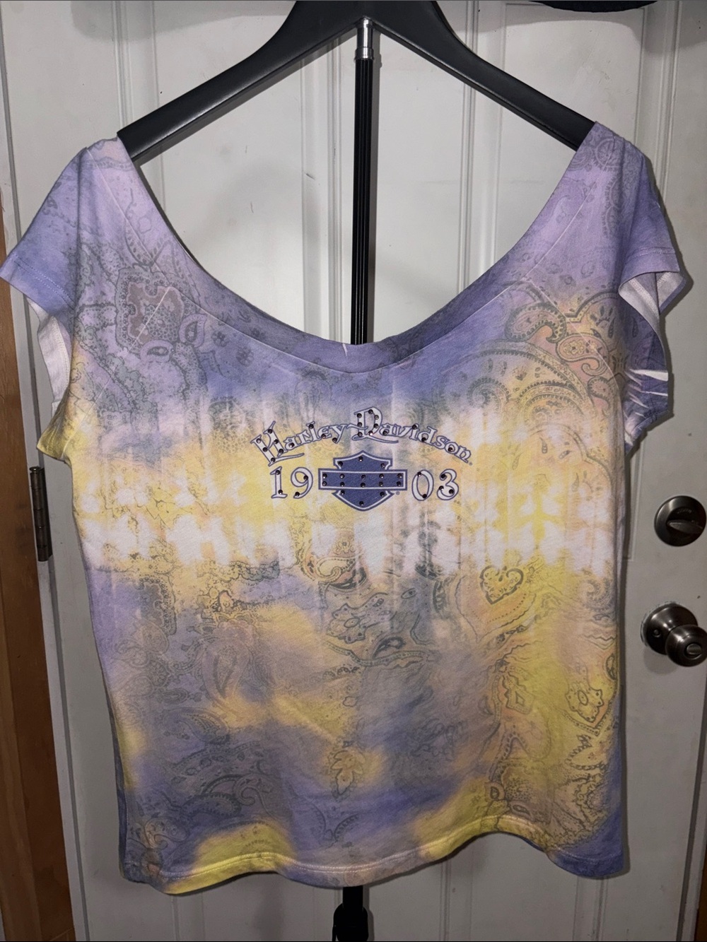 Harley Davidson Purple Yellow Tie Dye V-Neck Crop Babydoll Tee